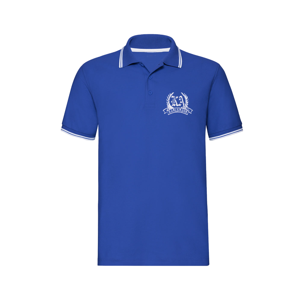 Besticktes Polo-Shirt "Karlsruhe - Kranz + Banderole" royal-weiss