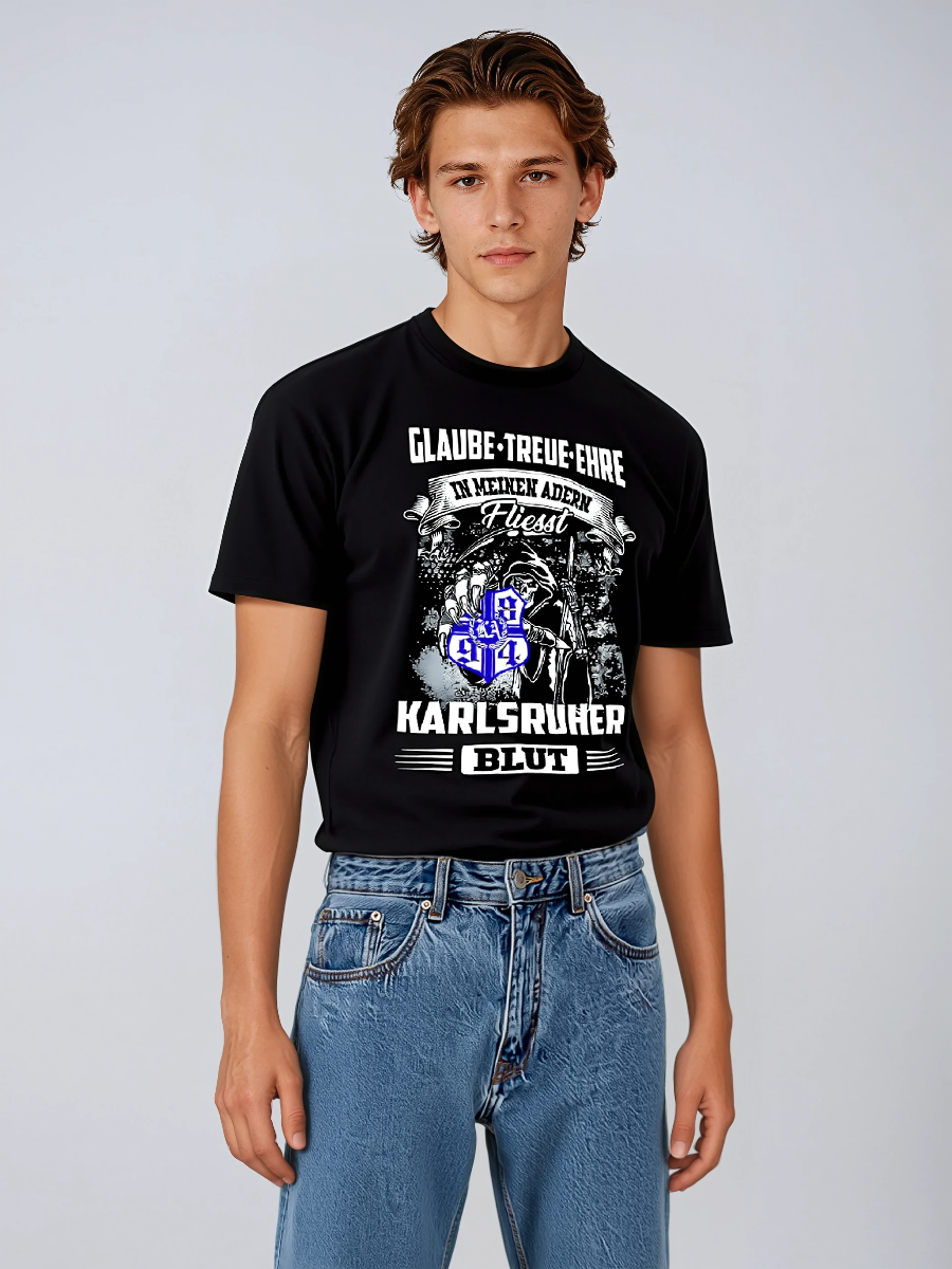 T-Shirt „Glaube-Treue-Ehre – In meinen Adern fließt KARLSRUHER Blut“